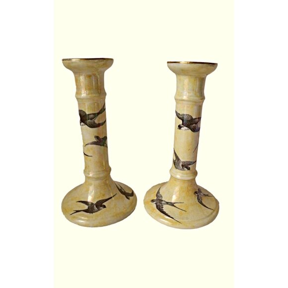 Antique Grimwades Swallows Candle Holders Hard to Find England Yellow Lusterware - Picture 1 of 8